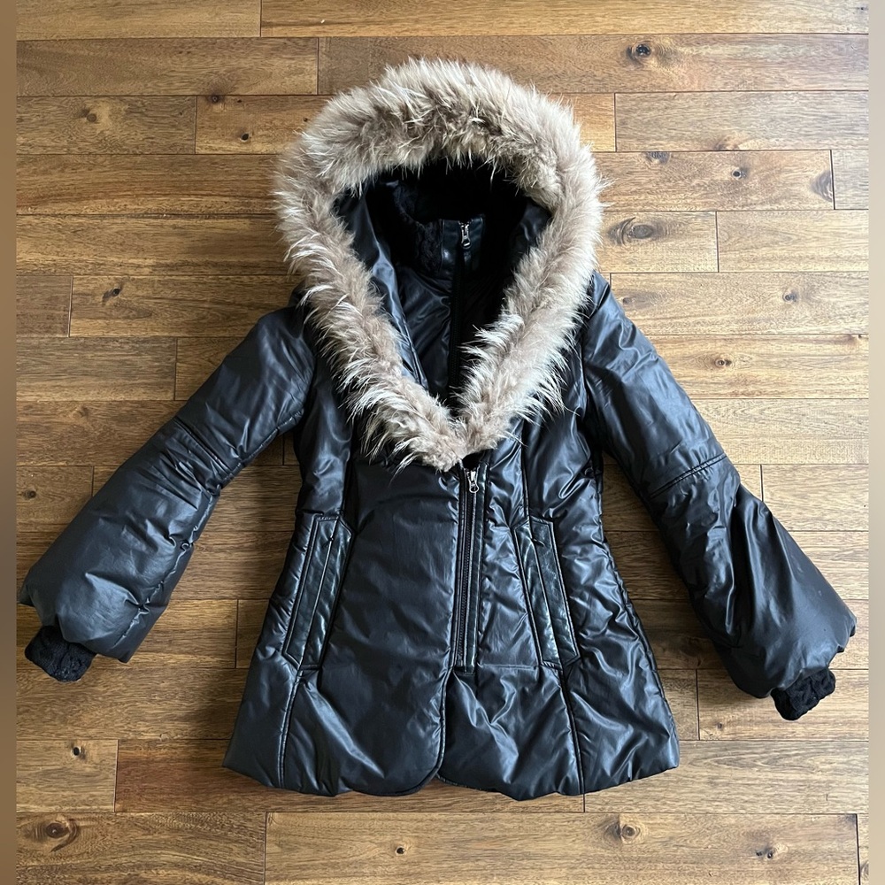 MACKAGE Double Zip Fur Hood Lined Parka Coat Jacket w Cable-Knit Collar, Small